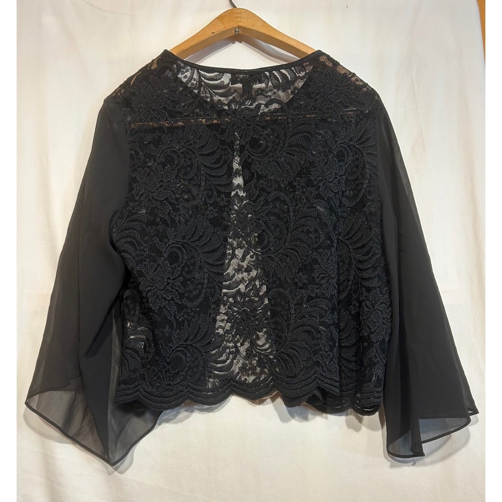 Black Lace Balero Shrug Open Front Bell Sleeve Cropped Sz L Vintage made in USA